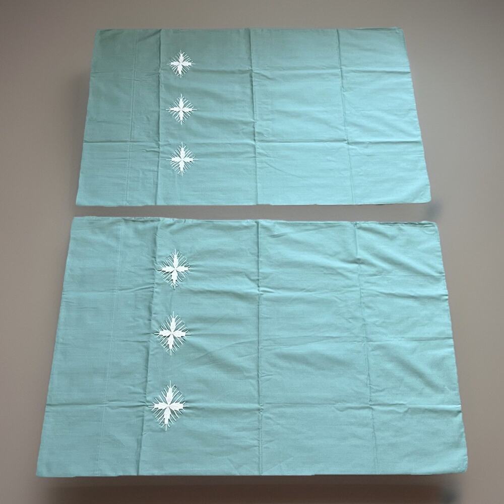 Vintage 2 Wondercale Springmaid Pillowcases Mint Green Hand Embroidered USA